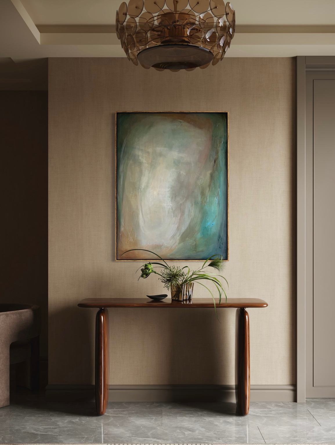 Teal and gold abstract work by Leticia Demeuse